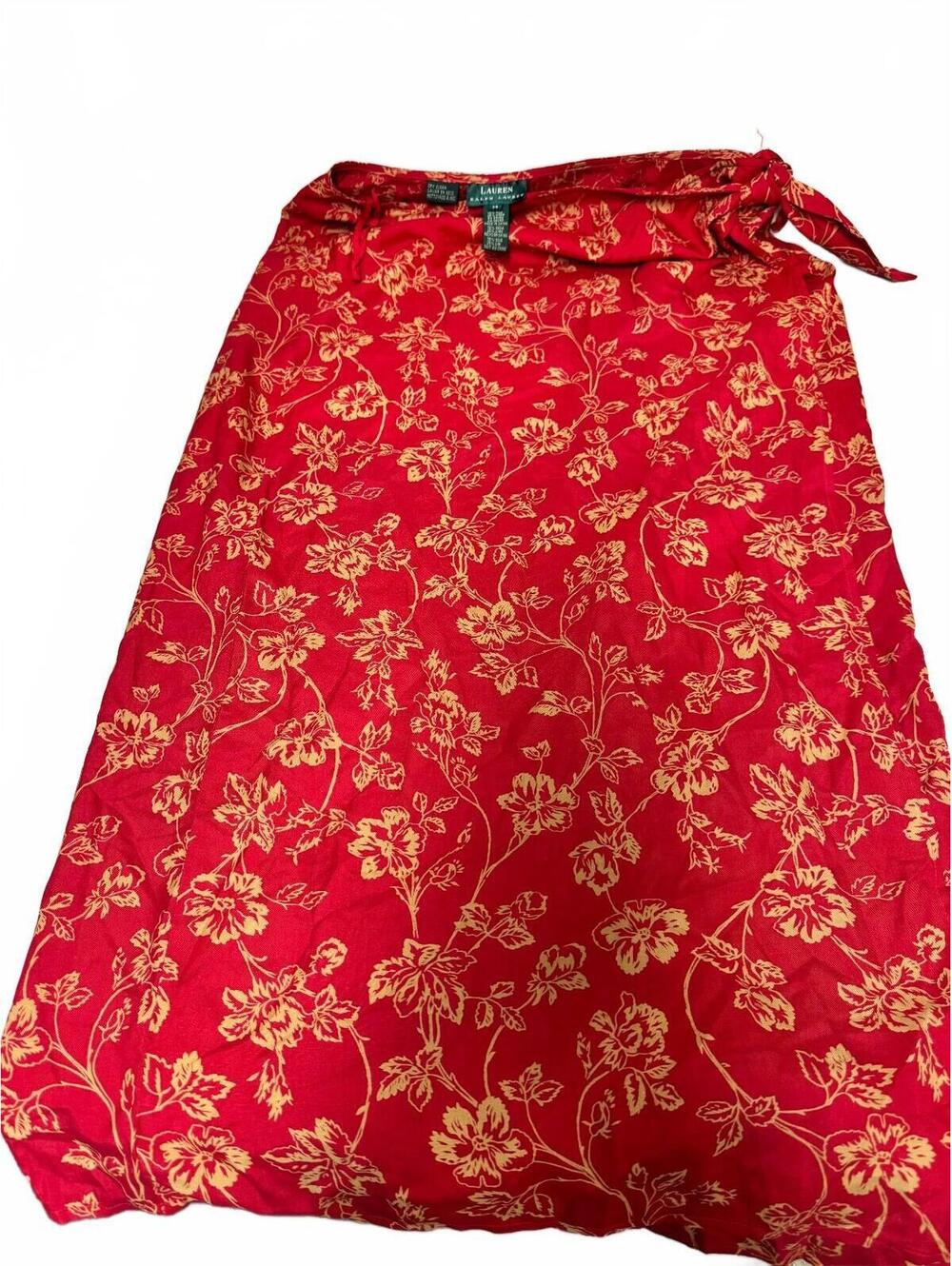 Lauren Ralph Lauren Wrap Skirt Size 14 Red Floral Silk Linen Blend